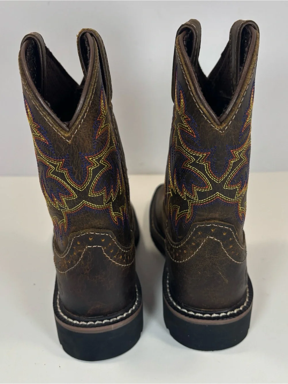 Justin Embroidered Western Boots Junior Sz 12.5 D Brown Leather Kids Square Toe